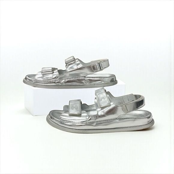 Chanel Sandals Shoes Leather Silver Coco Mark Velcro - Picture 3 of 10